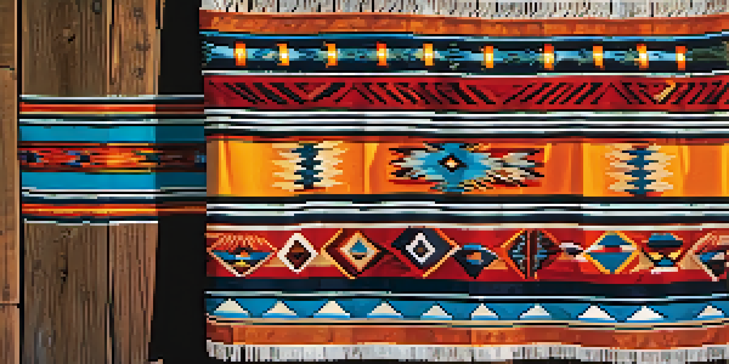 Close-up of a colorful Native American textile with geometric patterns and beadwork on a wooden surface, illuminated by sunlight.
