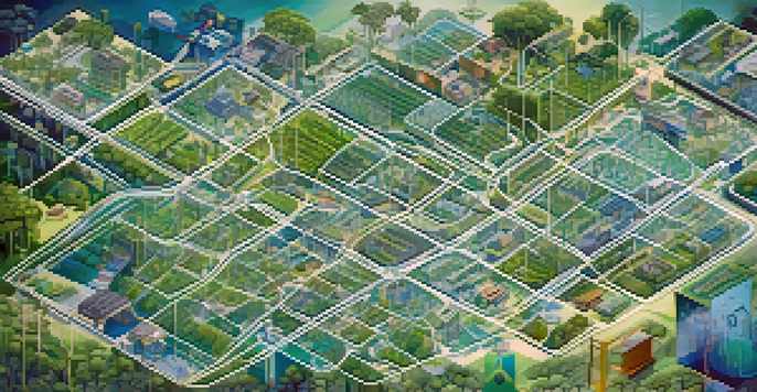 An illustrated map showing the different stages of a fashion supply chain, highlighting ethical practices with colorful nodes and connections.