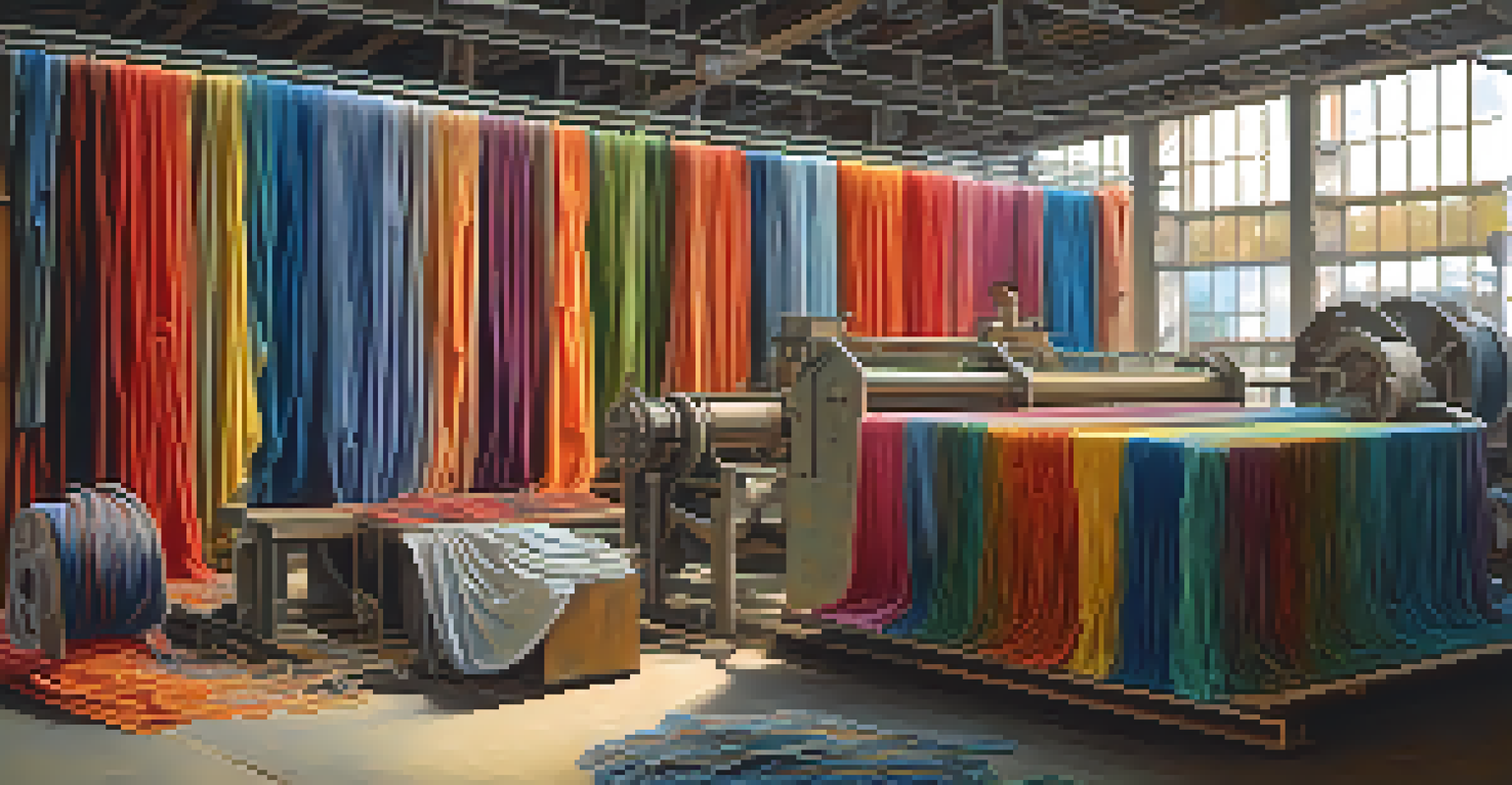 A close-up view of colorful fabrics being recycled, with machinery and threads visible in the background.