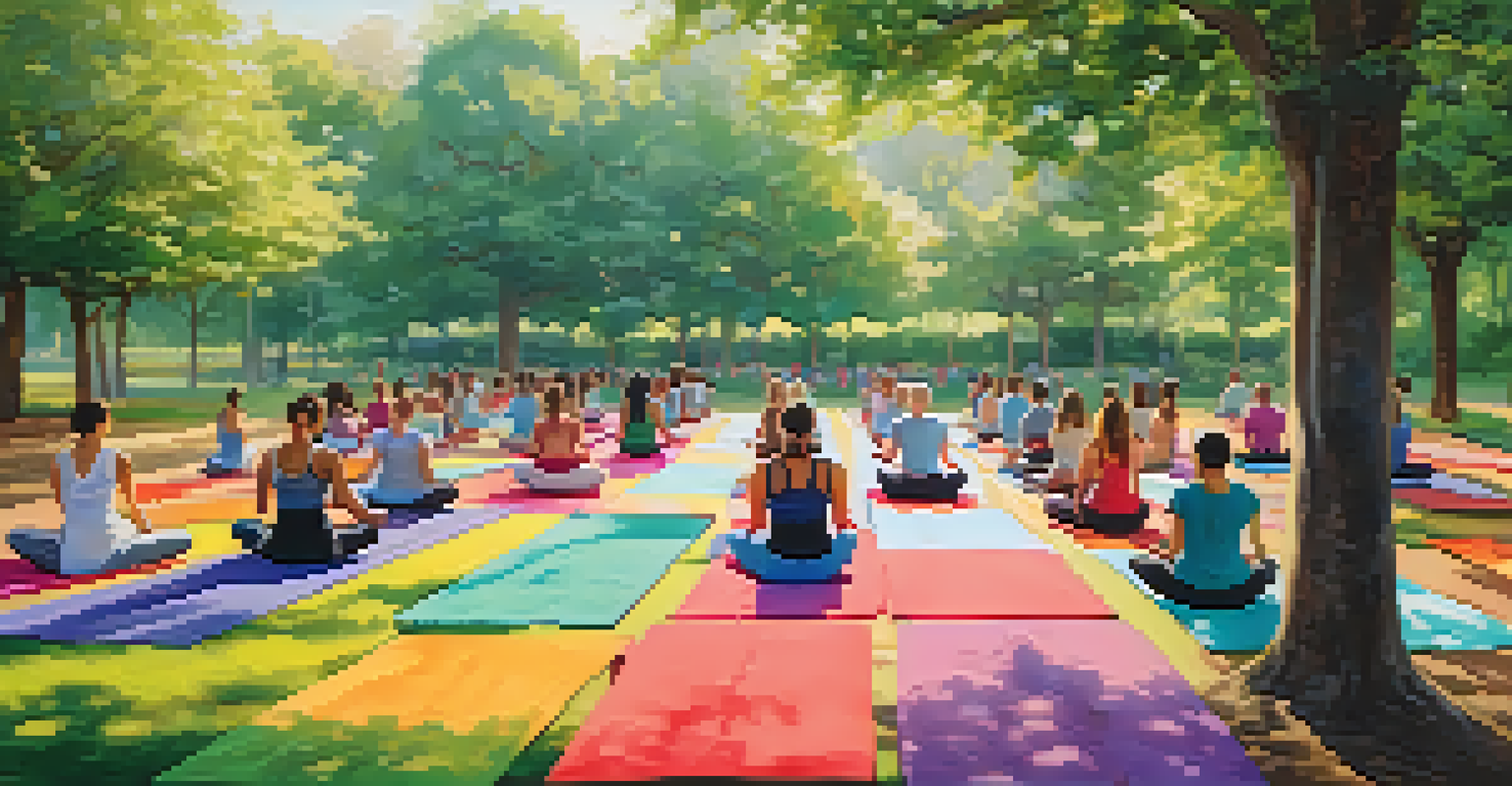 A diverse group of people participating in an outdoor yoga class in a park, surrounded by nature and colorful yoga mats.