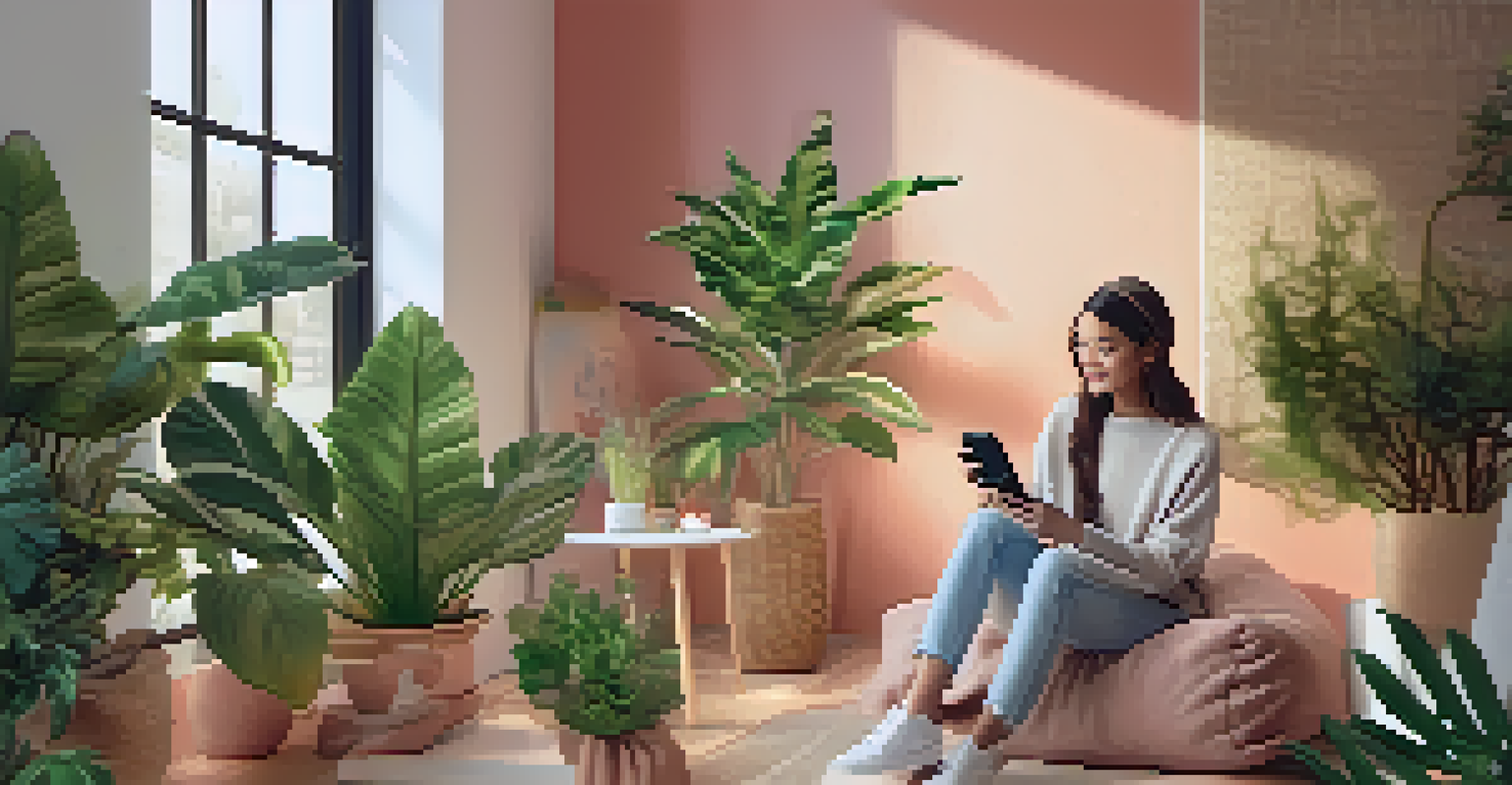 A smartphone showing a social media post about sustainable fashion, surrounded by eco-friendly clothing and a plant.