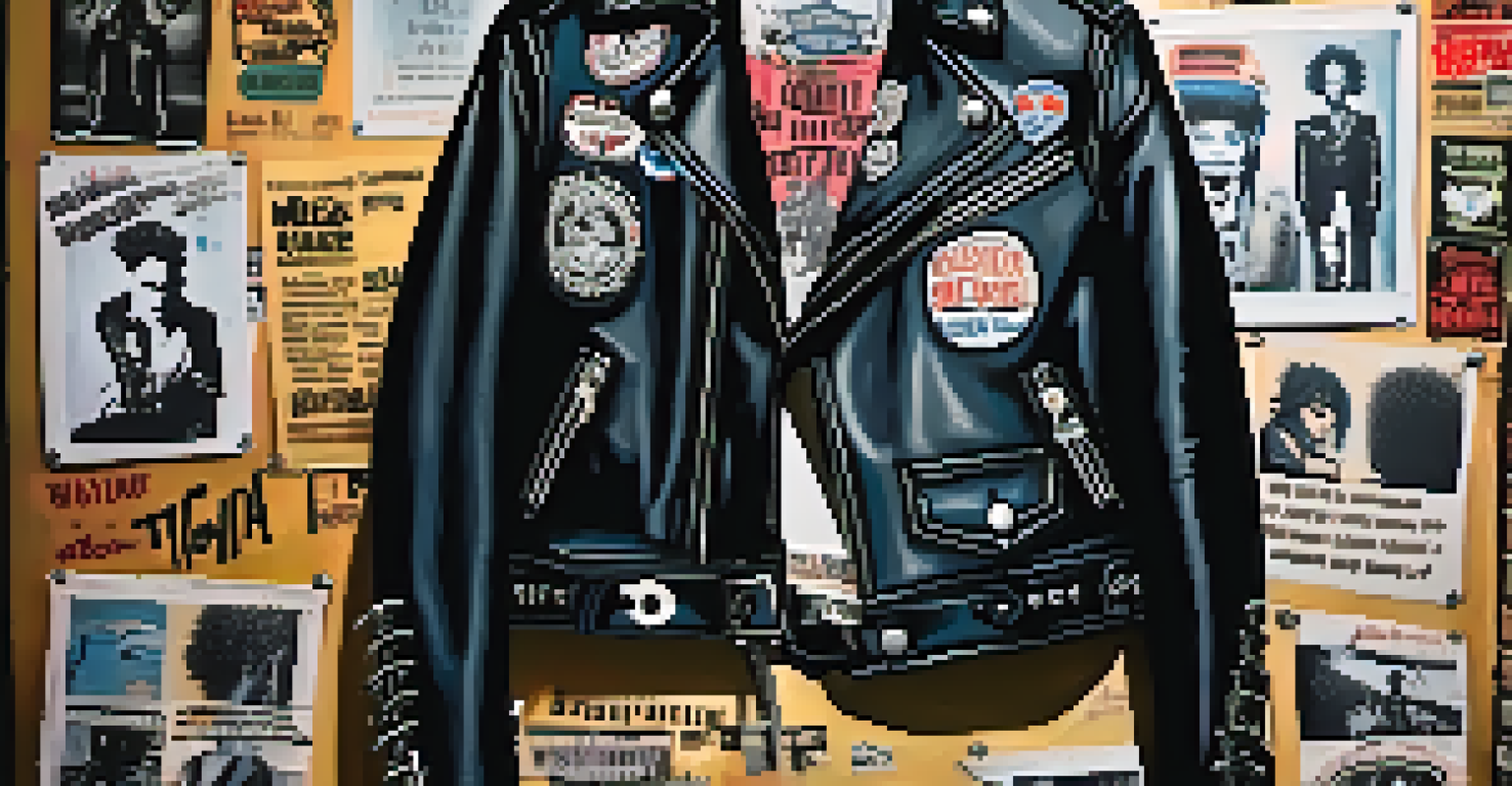 A close-up view of a punk rock outfit on a mannequin, showcasing a leather jacket with safety pins and patches, complemented by distressed jeans and combat boots.