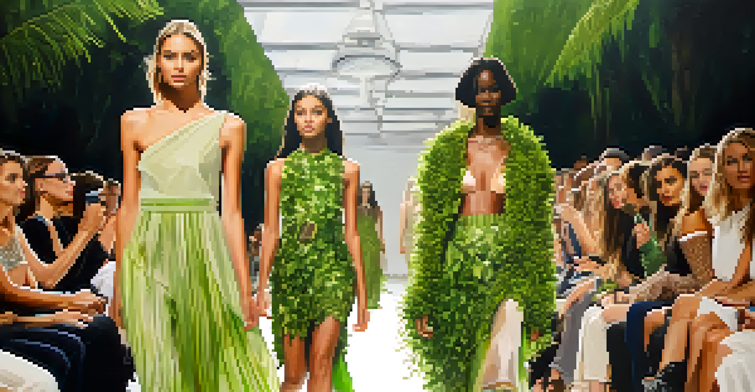 Models on a runway showcasing sustainable clothing made from recycled materials, surrounded by greenery and engaged audience.