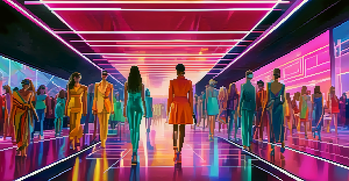 A futuristic fashion show with models on the runway and an engaged audience taking photos.