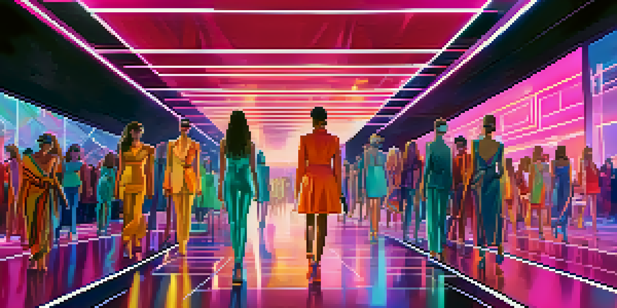 A futuristic fashion show with models on the runway and an engaged audience taking photos.