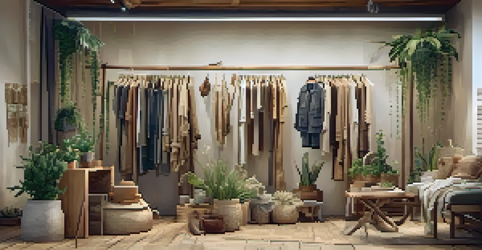 A rustic fashion display of sustainable clothing made from natural materials, surrounded by plants and warm lighting that showcases eco-friendly designs.