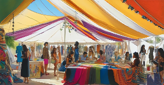 A diverse group of fashion designers collaborating outdoors, surrounded by colorful fabrics and sketches under a large tent.