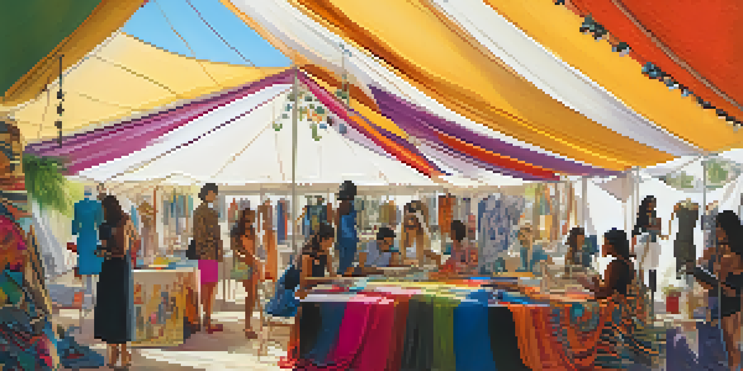 A diverse group of fashion designers collaborating outdoors, surrounded by colorful fabrics and sketches under a large tent.