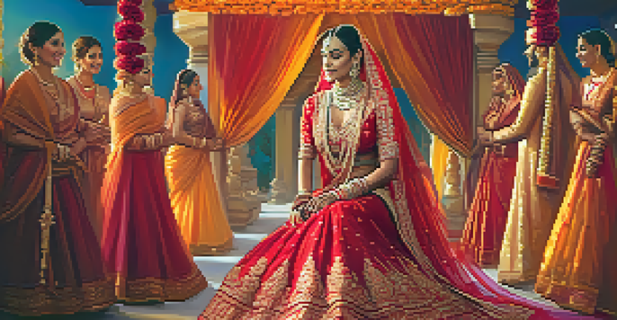 A bride in a red lehenga with gold embroidery surrounded by colorful decorations at an Indian wedding.