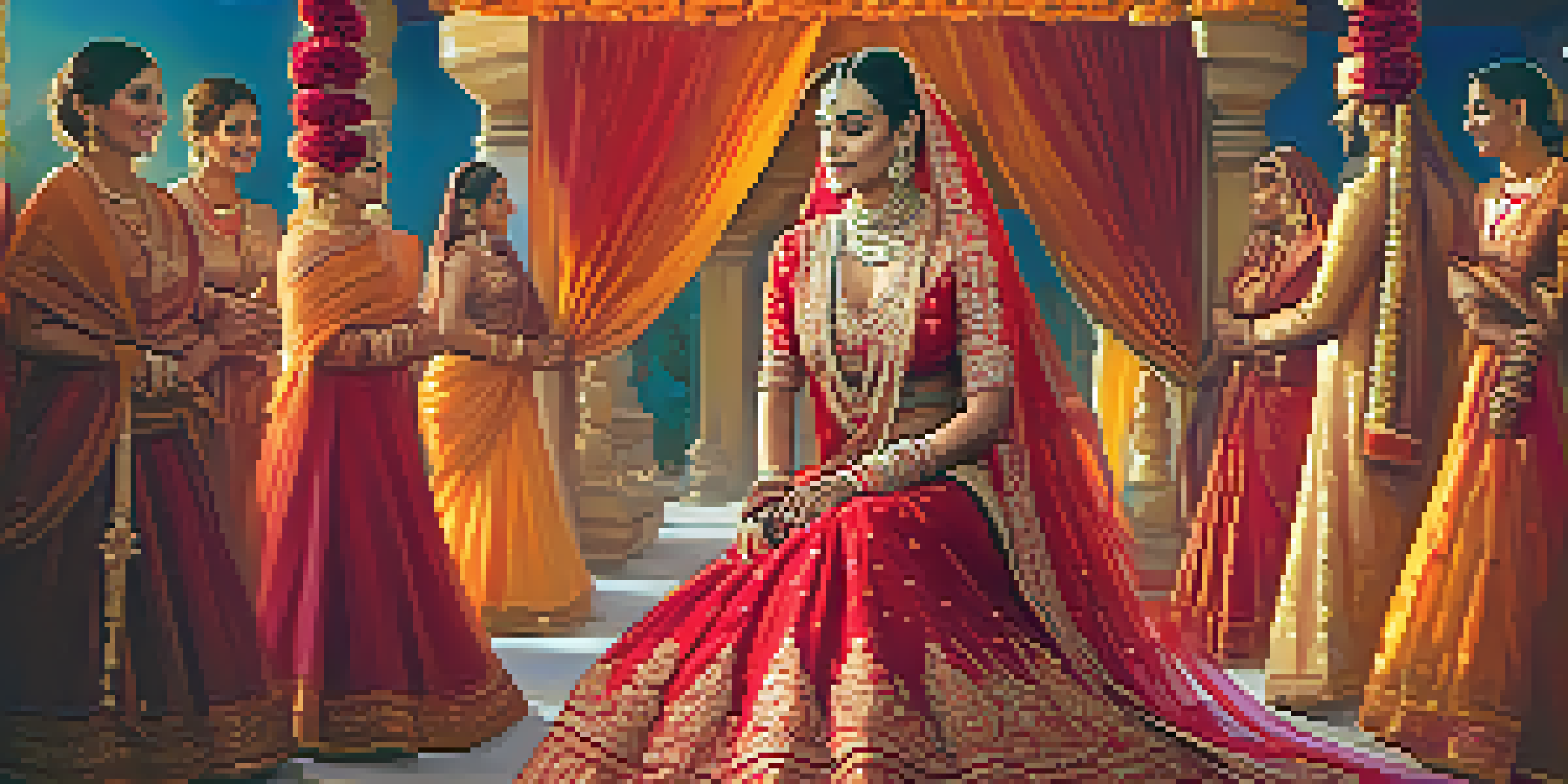 A bride in a red lehenga with gold embroidery surrounded by colorful decorations at an Indian wedding.