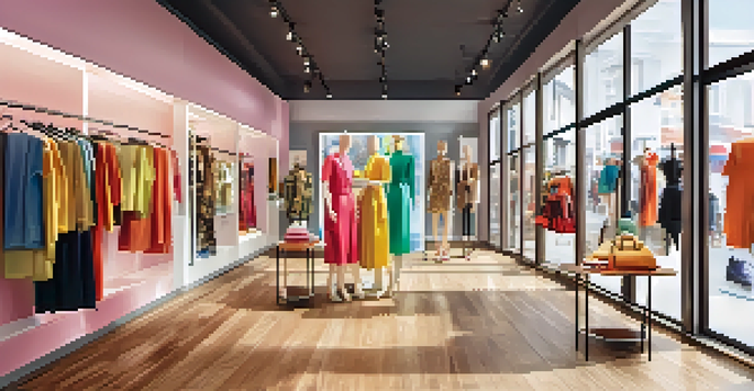 A modern fashion retail store filled with colorful mannequins showcasing the latest trends in fast fashion, with bright lighting and stylish decor.