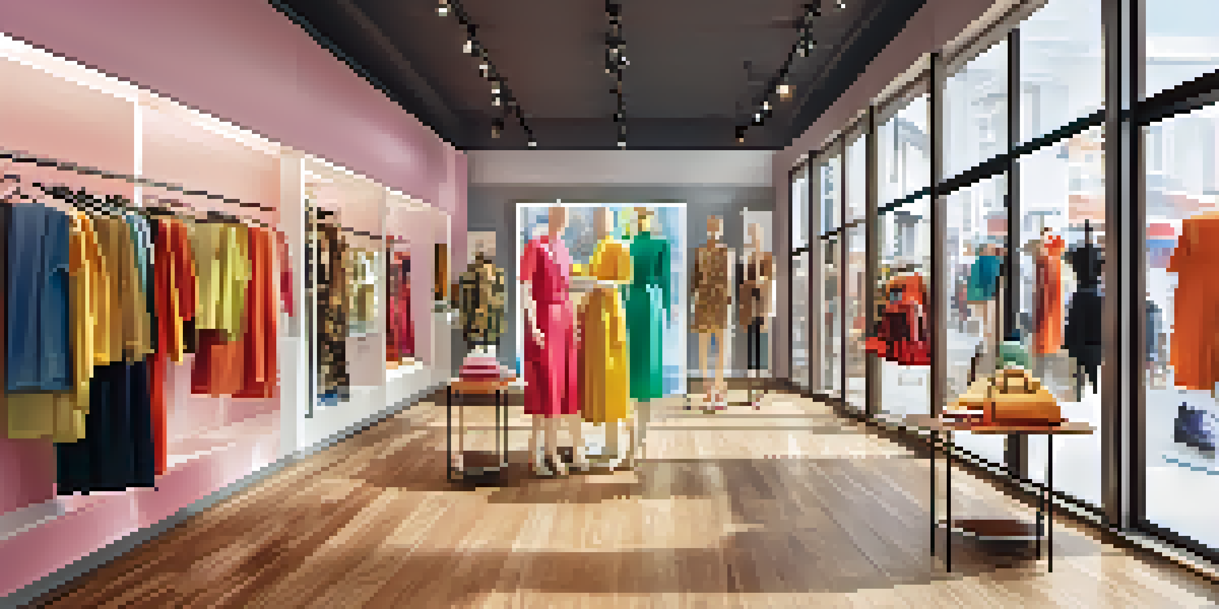 A modern fashion retail store filled with colorful mannequins showcasing the latest trends in fast fashion, with bright lighting and stylish decor.