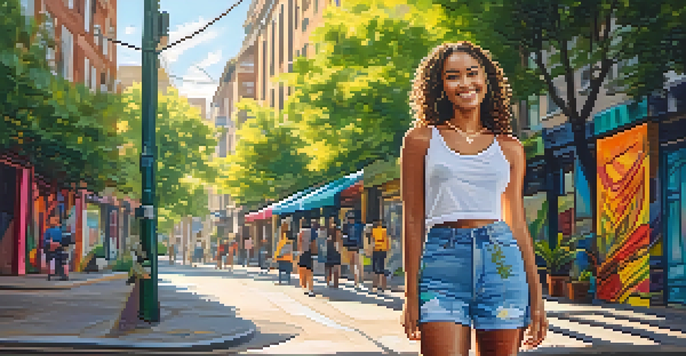 A young woman in sustainable fashion standing in an urban area with colorful street art and greenery.