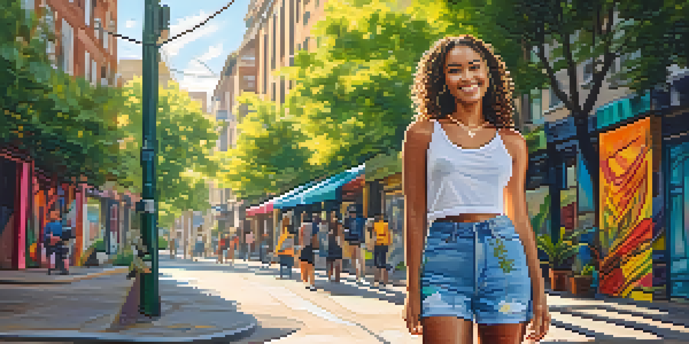 A young woman in sustainable fashion standing in an urban area with colorful street art and greenery.