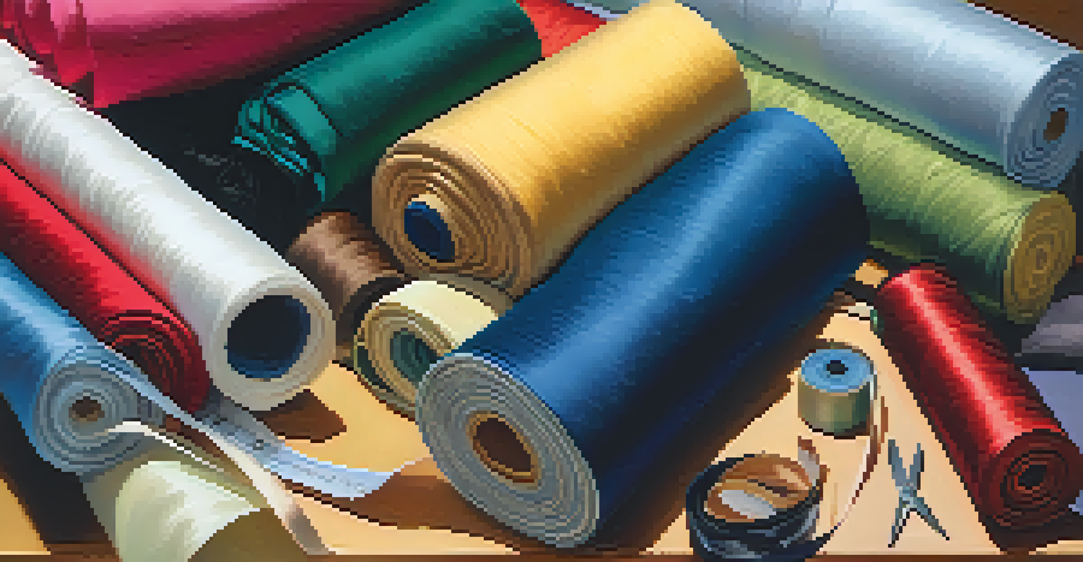 A variety of fabric types displayed on a table, including cotton and silk, with sewing tools nearby.