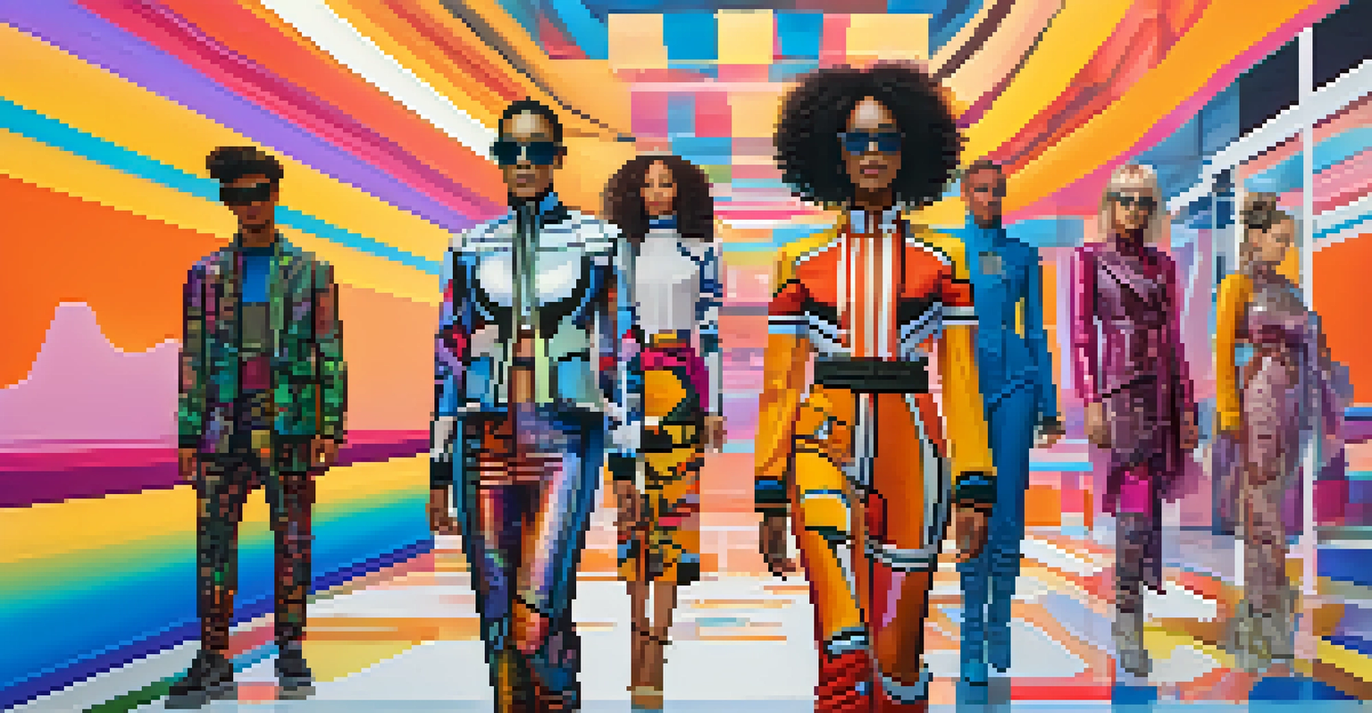 Digital avatars in unique virtual clothing set against a colorful abstract digital landscape, highlighting the concept of virtual fashion.