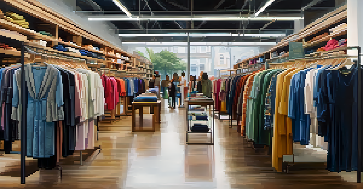 A split image showing the contrast between a chaotic fast fashion store and a serene fair trade boutique with quality garments.