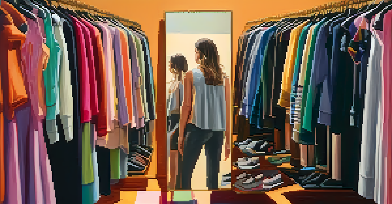 A close-up of a person choosing outfits in front of a mirror, with colorful clothing options and soft lighting.