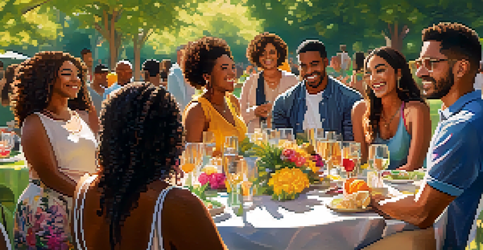 A diverse group of individuals celebrating together in a sunny park, representing various body types and ethnicities.