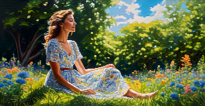 A woman in a bohemian dress enjoying a sunny day in a park surrounded by greenery and flowers.