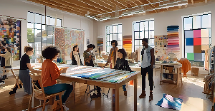 A diverse group of fashion designers working together in a bright studio filled with colorful fabrics and design sketches.