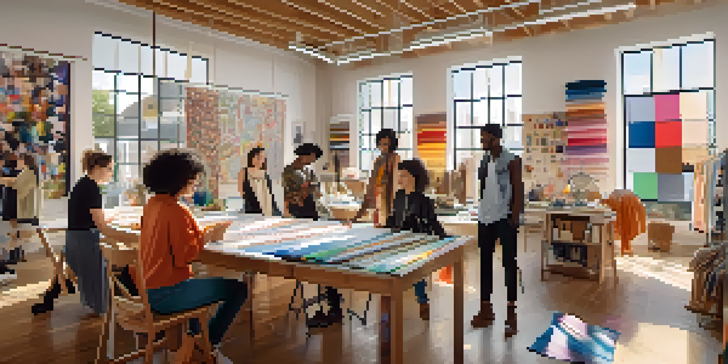 A diverse group of fashion designers working together in a bright studio filled with colorful fabrics and design sketches.
