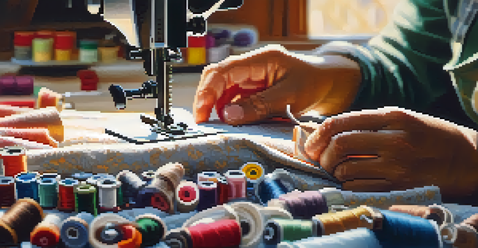A garment worker is sewing fabric with colorful spools of thread in the background, illuminated by warm natural light.