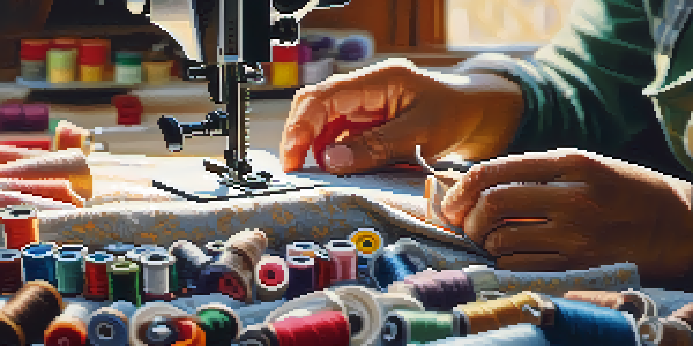 A garment worker is sewing fabric with colorful spools of thread in the background, illuminated by warm natural light.