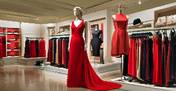 A fashion retail display featuring a bold red dress highlighted by warm lighting, with neutral accessories arranged nearby.