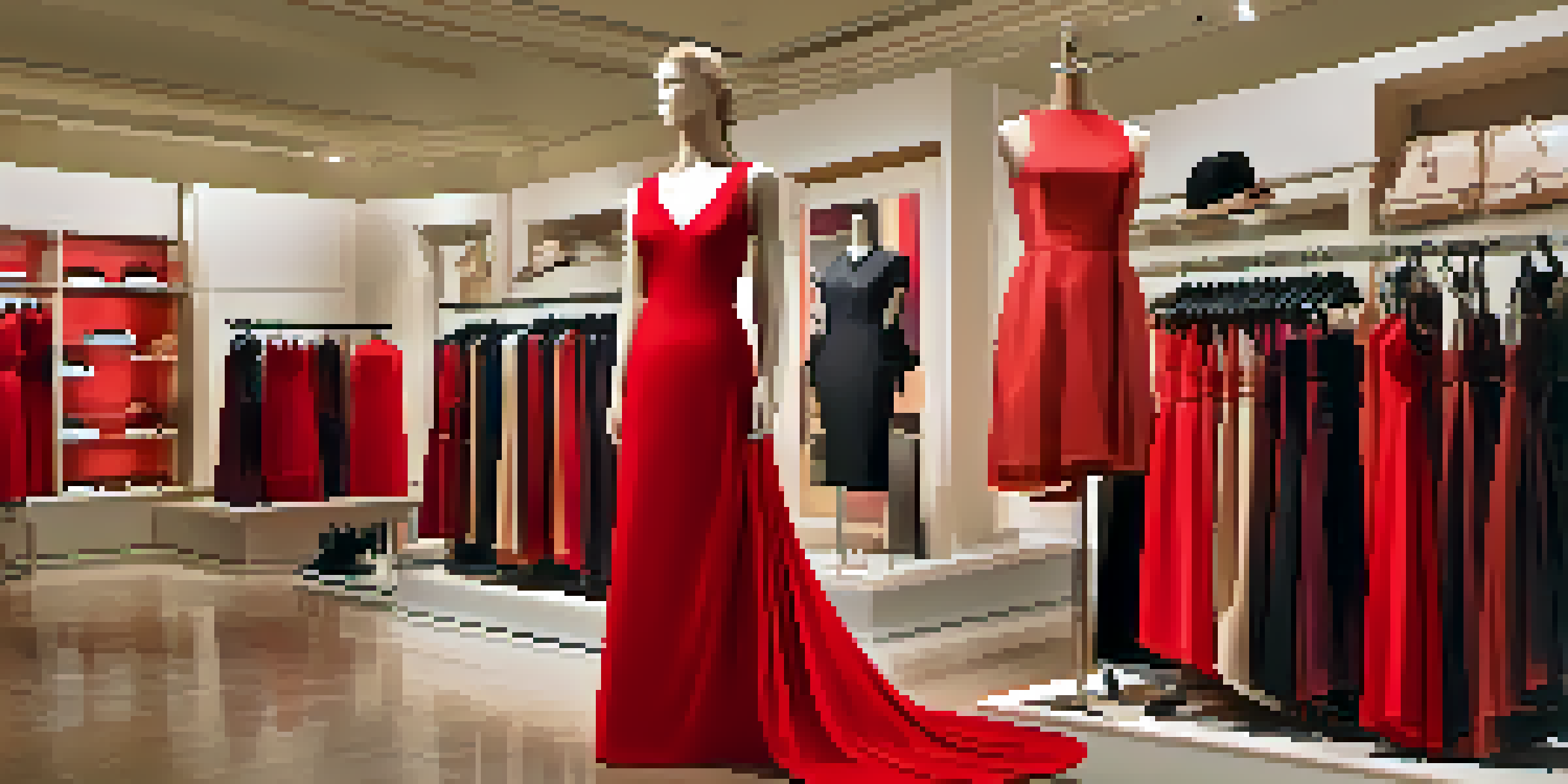 A fashion retail display featuring a bold red dress highlighted by warm lighting, with neutral accessories arranged nearby.