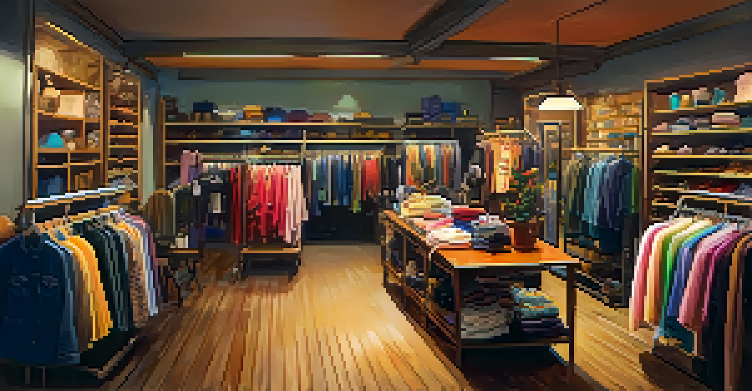 Interior of a vintage thrift store with colorful clothing racks and warm lighting, featuring shoppers browsing through items.