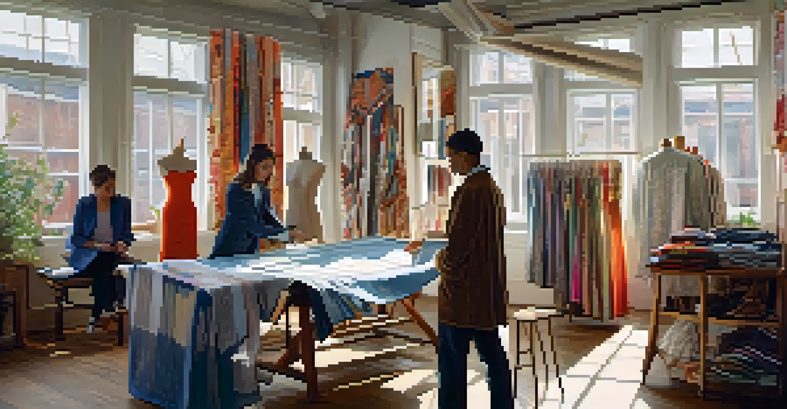 A tailor measuring a client in a workshop filled with fabrics and custom clothing, illuminated by soft natural light.