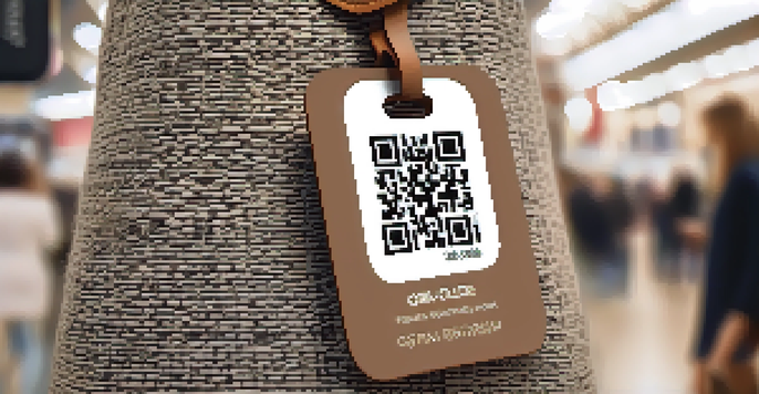 A close-up of a QR code on a garment tag in a fashion market, with a blurred background and soft lighting.