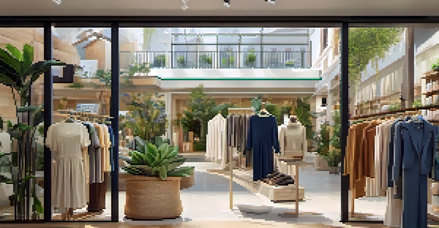 A retail store showcasing sustainable clothing with eco-friendly decor and stylish outfits on mannequins.