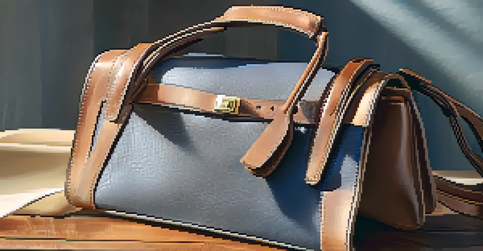 A close-up of a premium leather handbag on a wooden table, showcasing its texture and craftsmanship with soft sunlight and shadows.