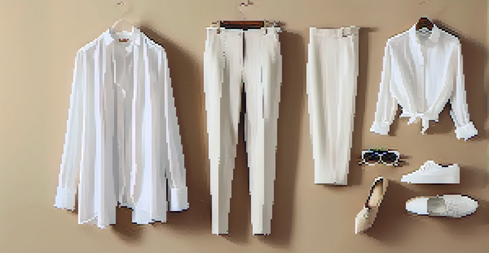 A flat lay of a sustainable fashion wardrobe with classic clothing items arranged aesthetically on a neutral background.