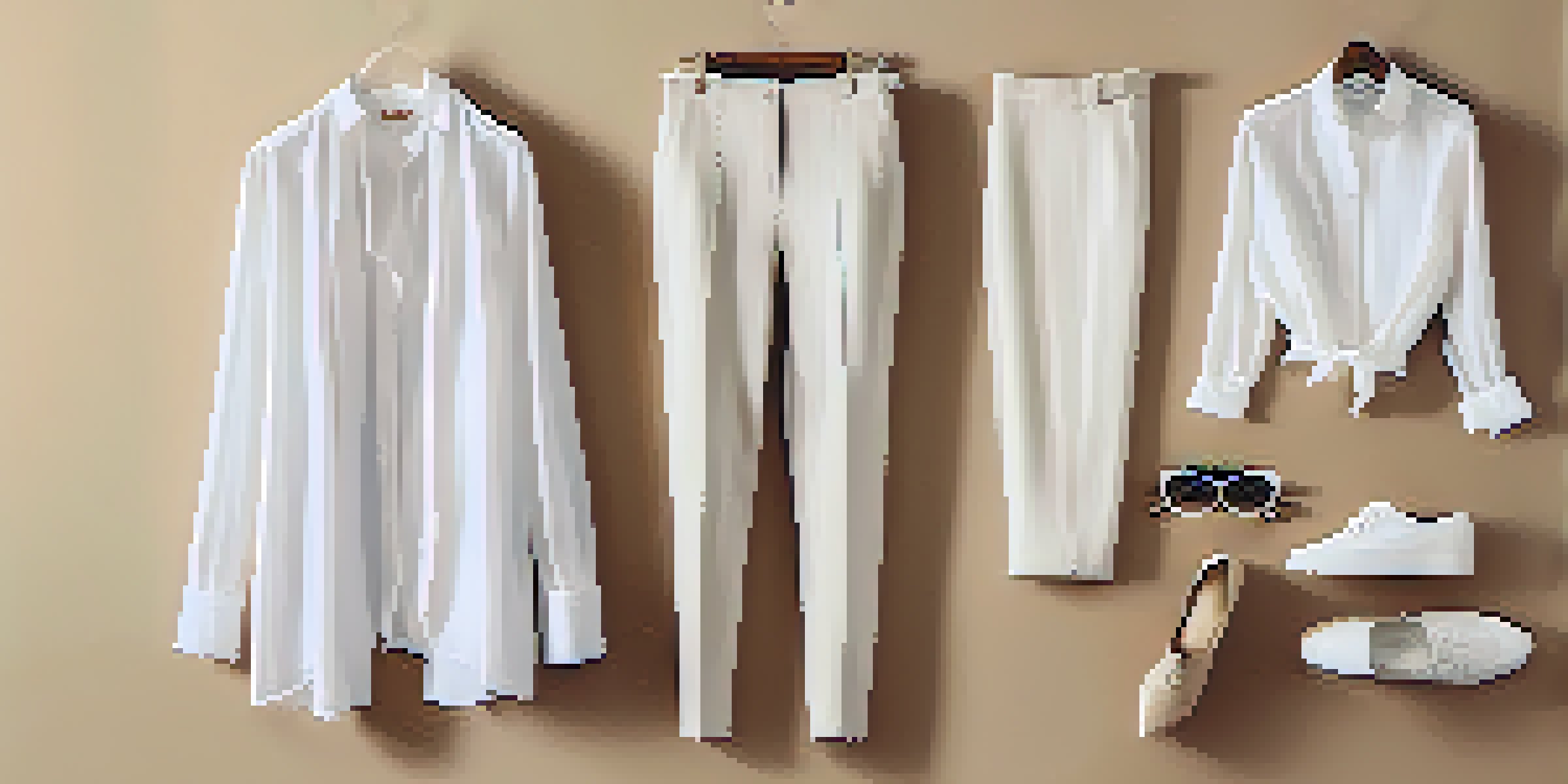 A flat lay of a sustainable fashion wardrobe with classic clothing items arranged aesthetically on a neutral background.