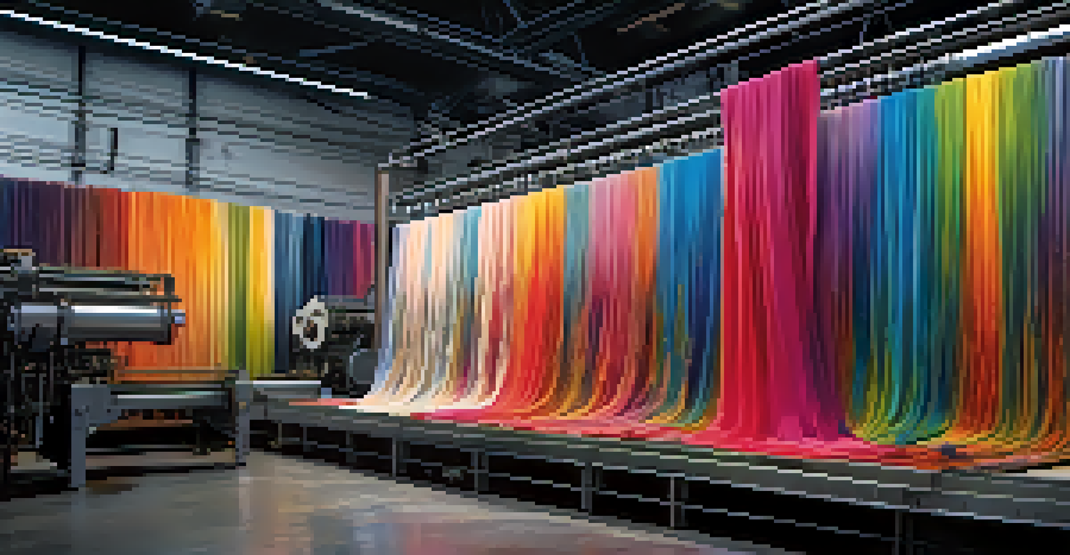 Colorful textile rolls suspended in mid-air, illuminated by colorful lights, representing an innovative waterless dyeing process.