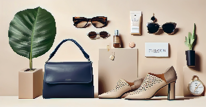A flat lay of vegan leather products including a handbag, wallet, and shoes on a beige fabric background, with natural light highlighting their textures.