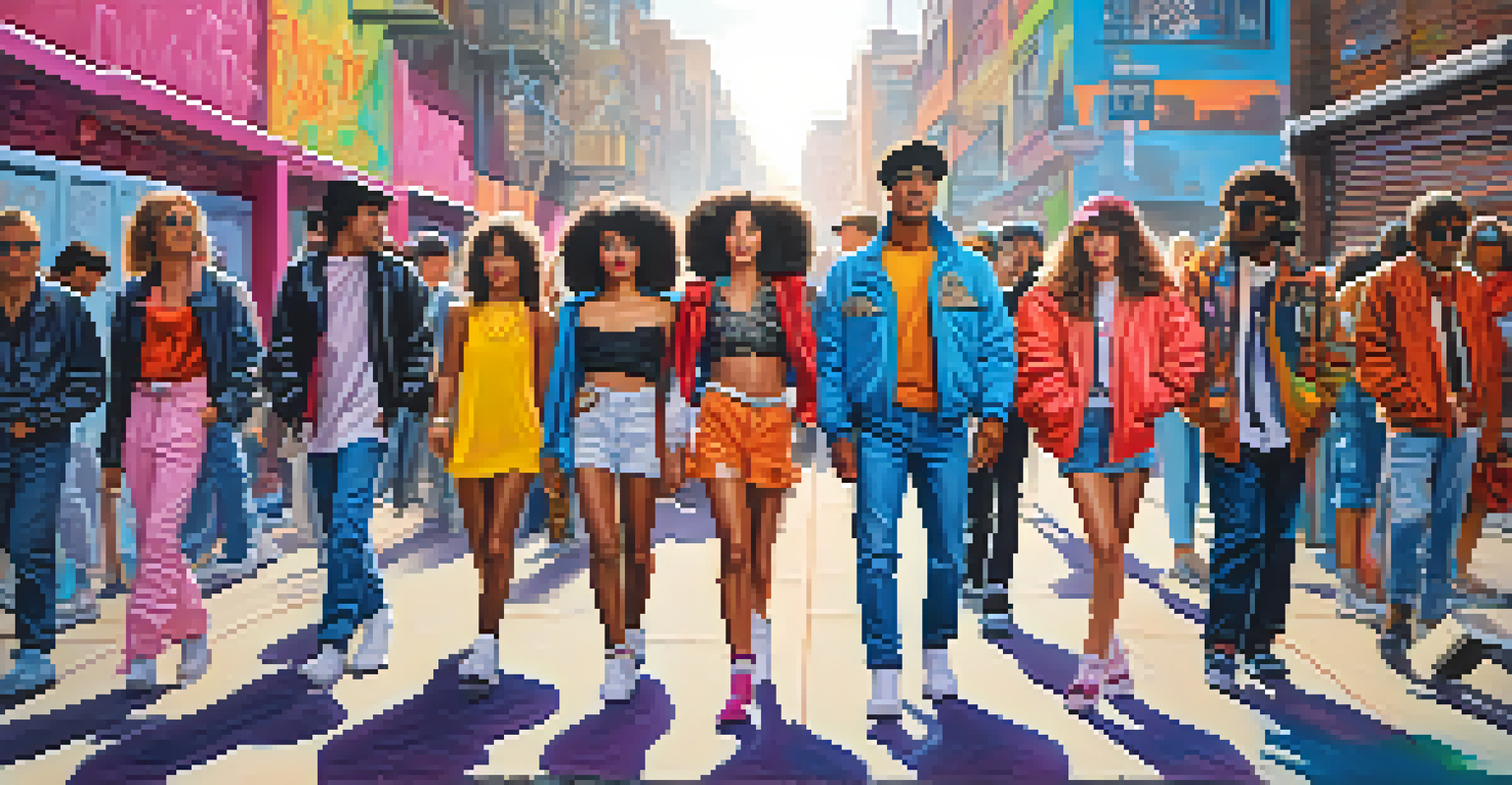 A diverse group of people in bold 1980s-inspired fashion styles against a colorful graffiti backdrop in an urban setting.
