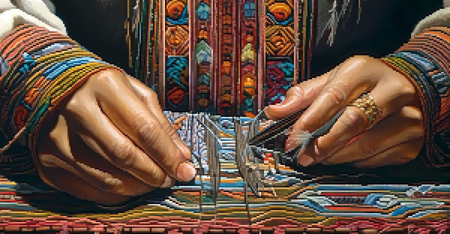 A close-up view of hands sewing a traditional garment, showing detailed stitching and textured fabric.