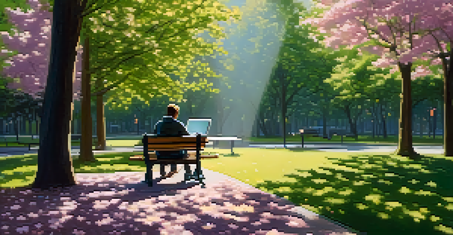 A person working on a laptop in a serene park setting surrounded by flowers and trees.