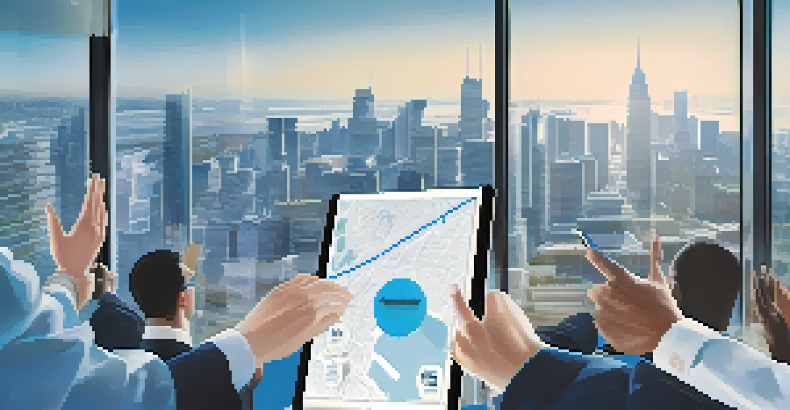 Close-up of hands collaborating over a tablet with a supply chain map, in a modern office with a city skyline visible through a window.