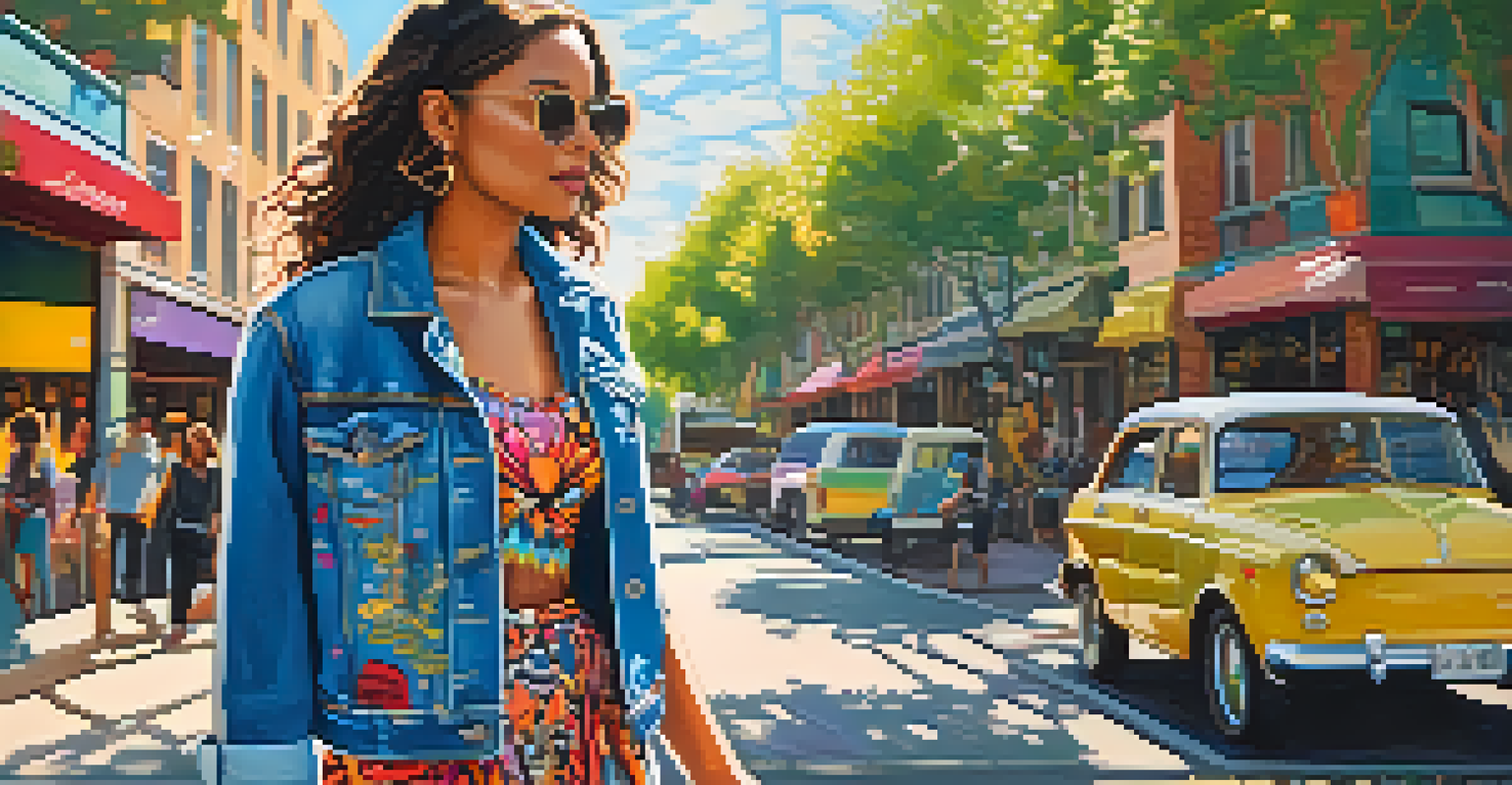 A young woman in eclectic vintage fashion posing in a colorful urban environment with street art.