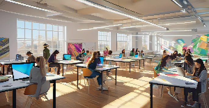 A lively fashion classroom with students working on digital designs, surrounded by colorful fabrics and large screens showcasing 3D prototypes.