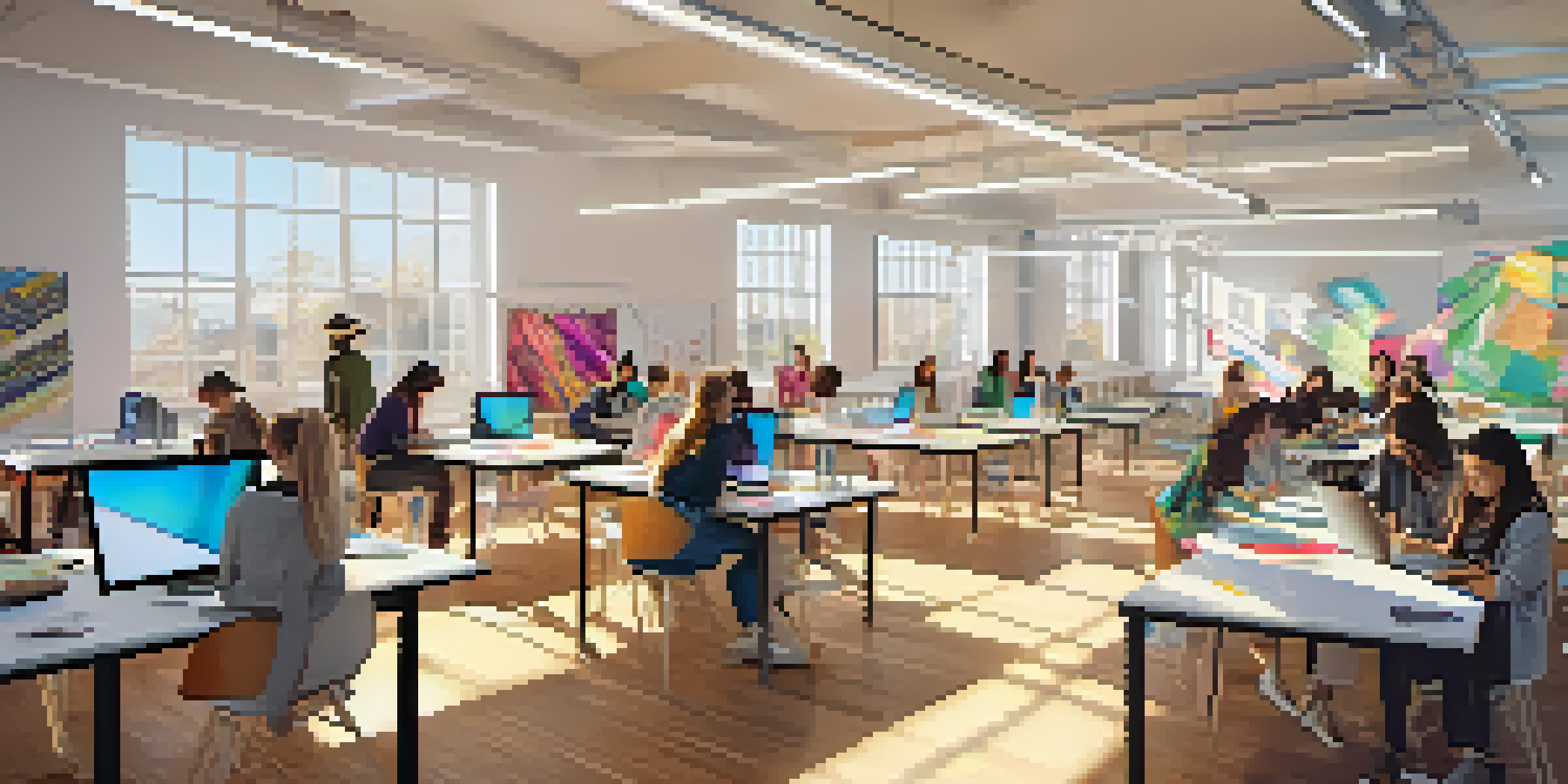 A lively fashion classroom with students working on digital designs, surrounded by colorful fabrics and large screens showcasing 3D prototypes.