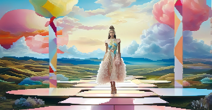 A model on a runway wearing a dress made of upcycled materials, surrounded by a dreamlike landscape with floating shapes and soft lighting.