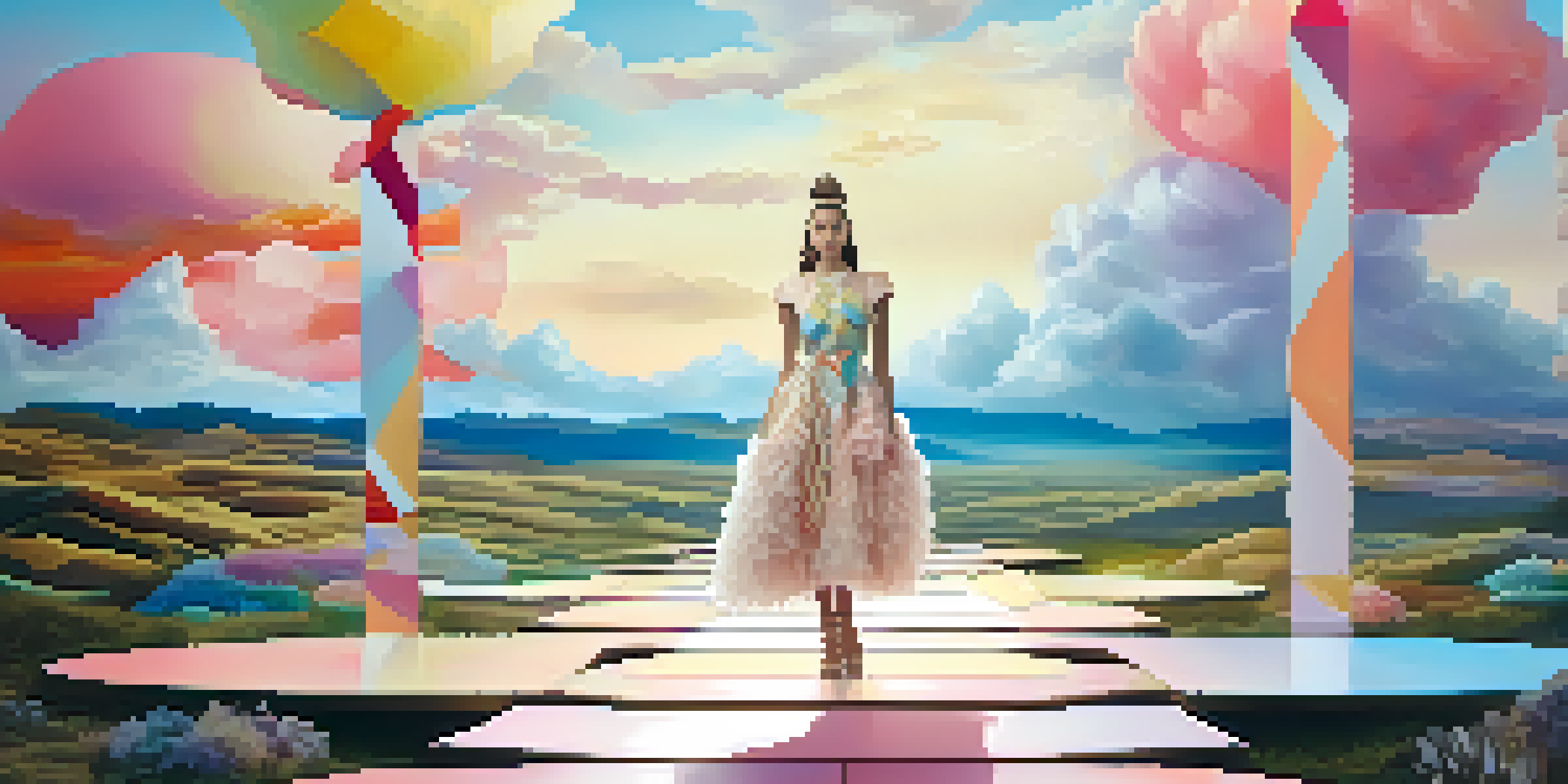 A model on a runway wearing a dress made of upcycled materials, surrounded by a dreamlike landscape with floating shapes and soft lighting.