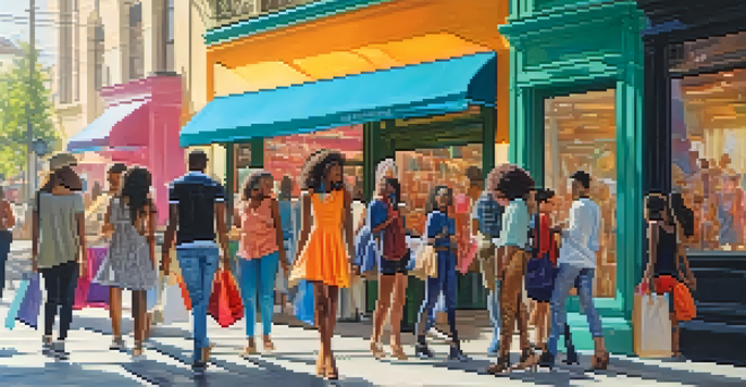 A lively street scene with young shoppers in front of a trendy fashion store, showcasing a variety of clothing styles and a vibrant atmosphere.