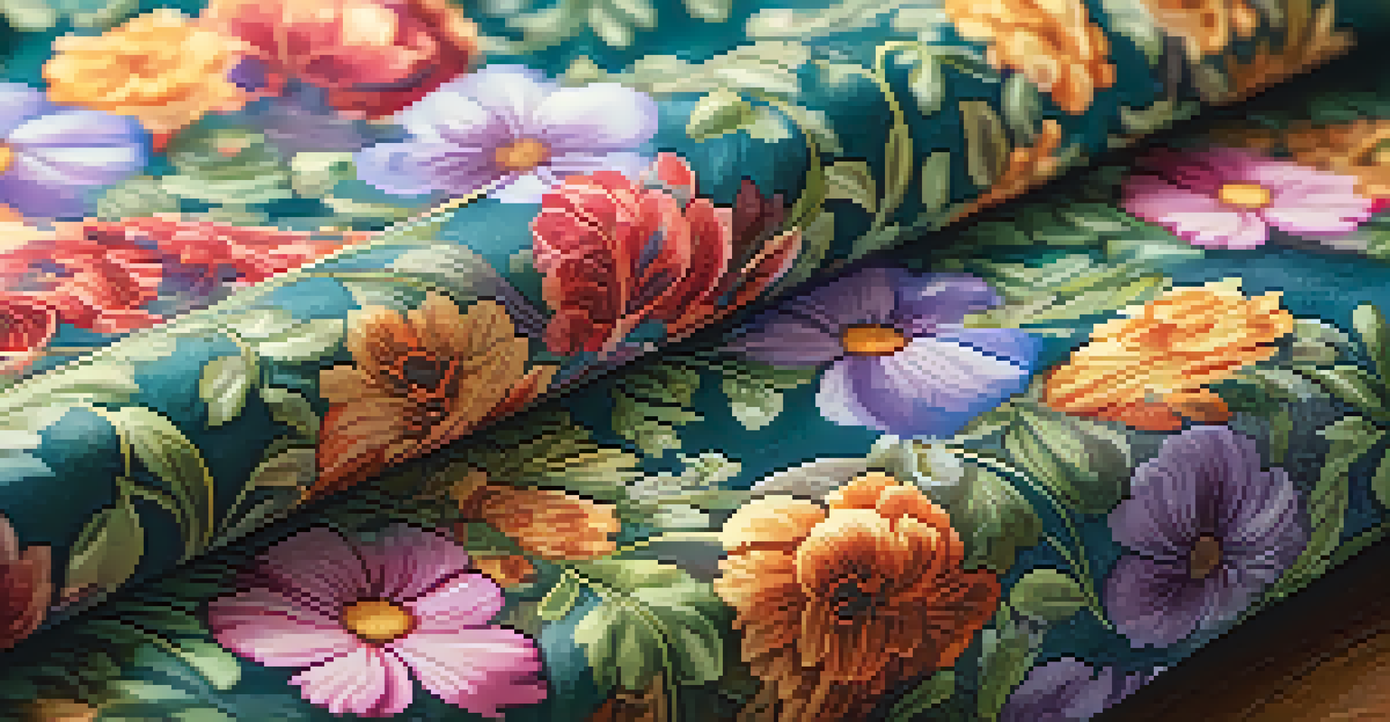 A close-up view of a colorful floral pattern on fabric, showcasing intricate details and textures under soft lighting.